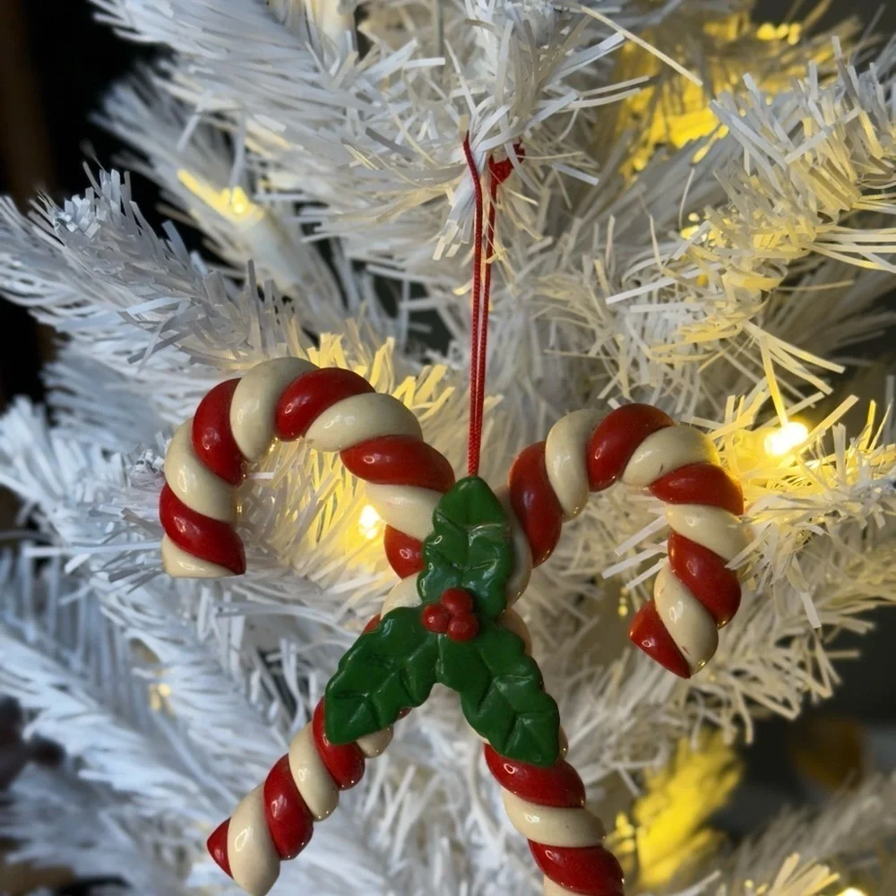 Vintage 1984 Festive Candy Cane Ornament with Holly Accents